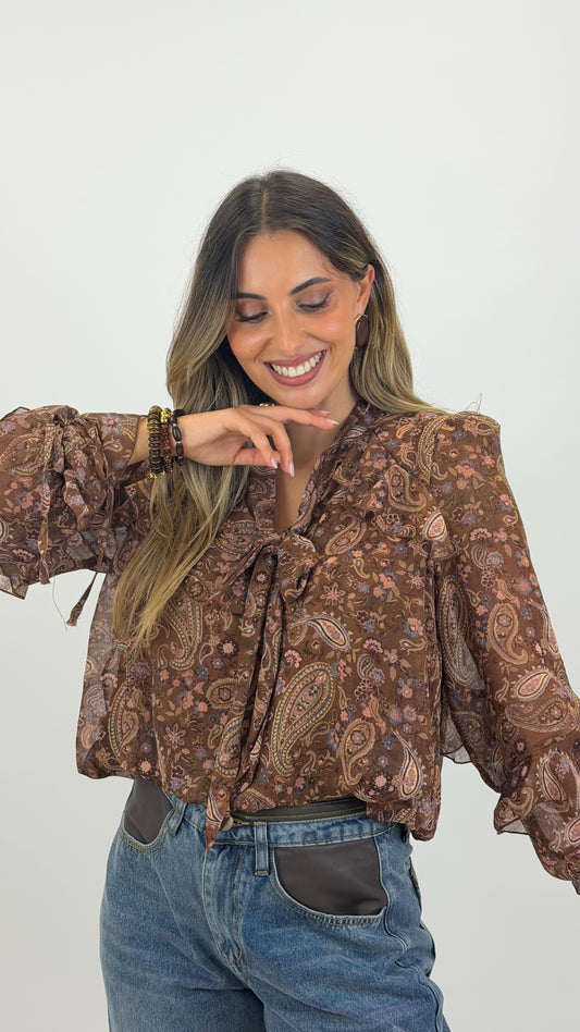 Blusa estampado cornucópias tons castanho