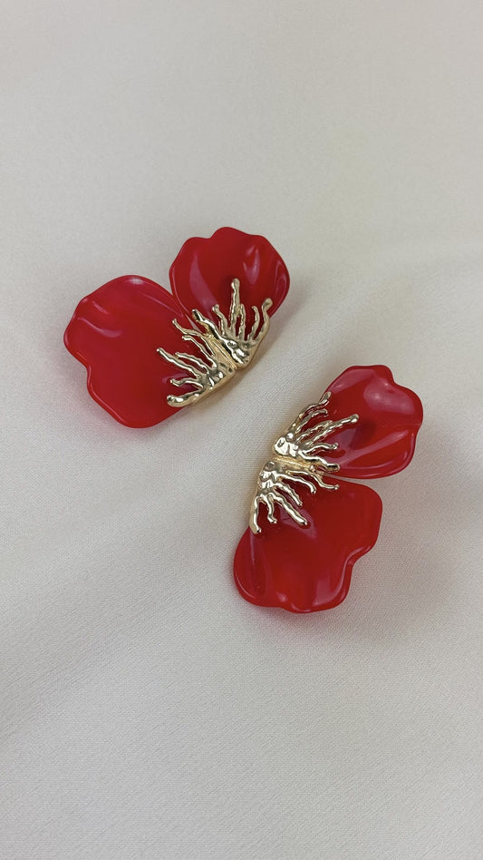 Brincos meia flor vermelho e dourado