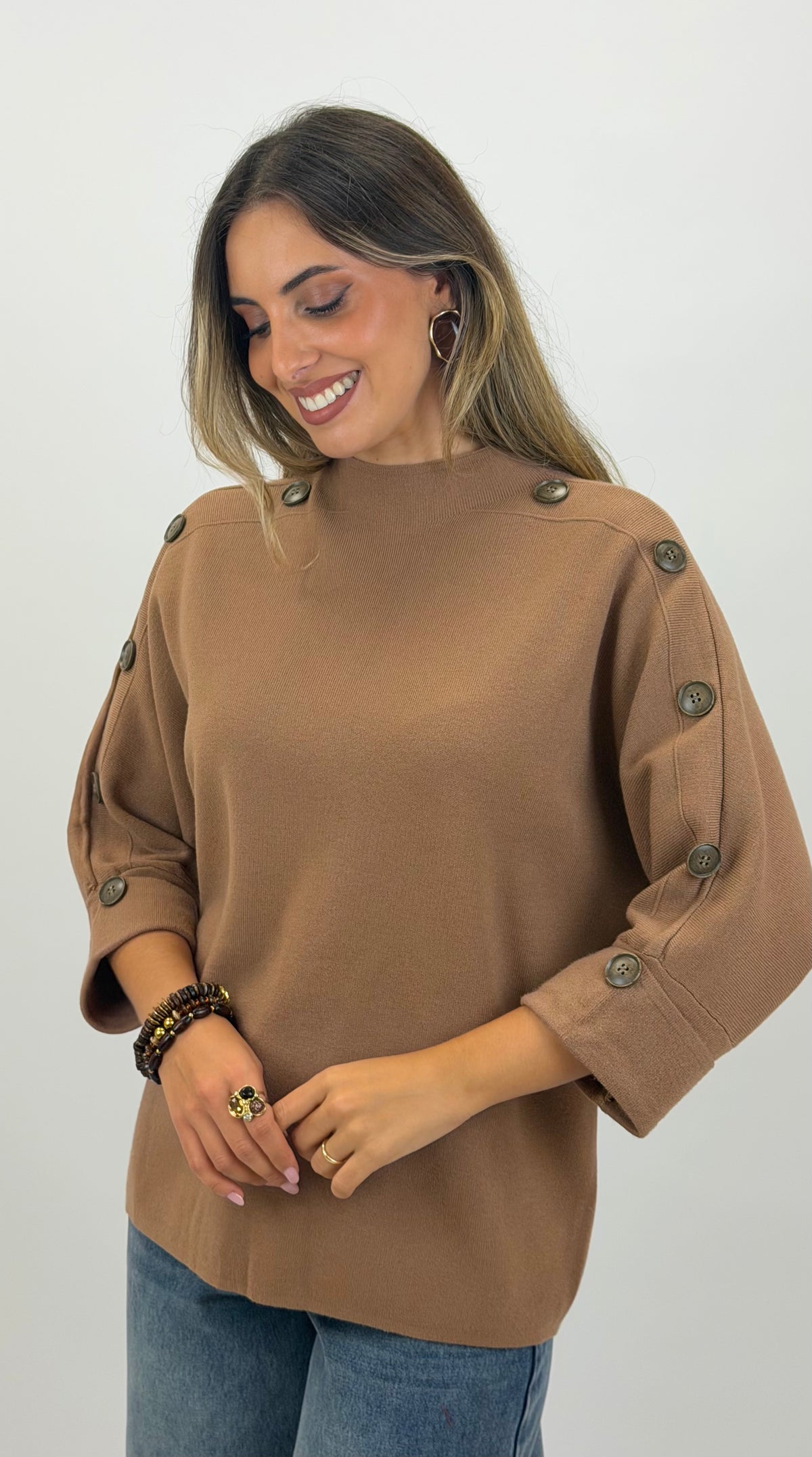 Camisola malha manga 3/4 com botões camel