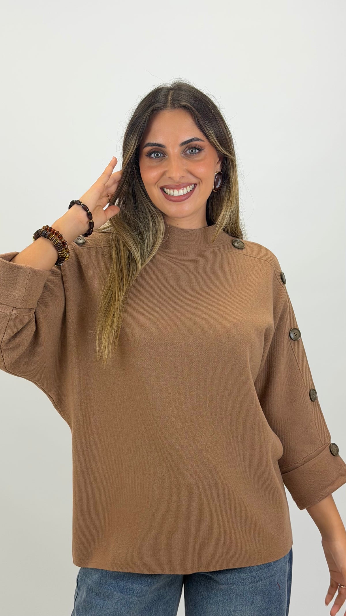 Camisola malha manga 3/4 com botões camel