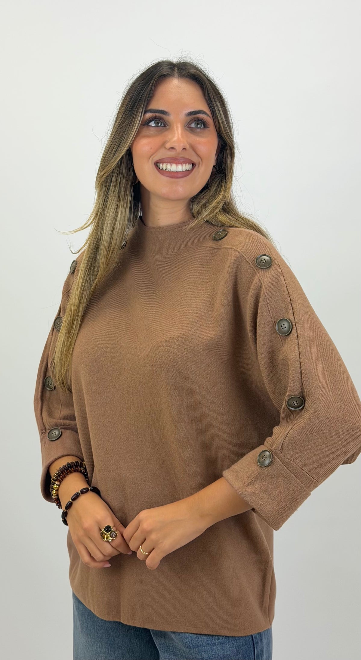 Camisola malha manga 3/4 com botões camel