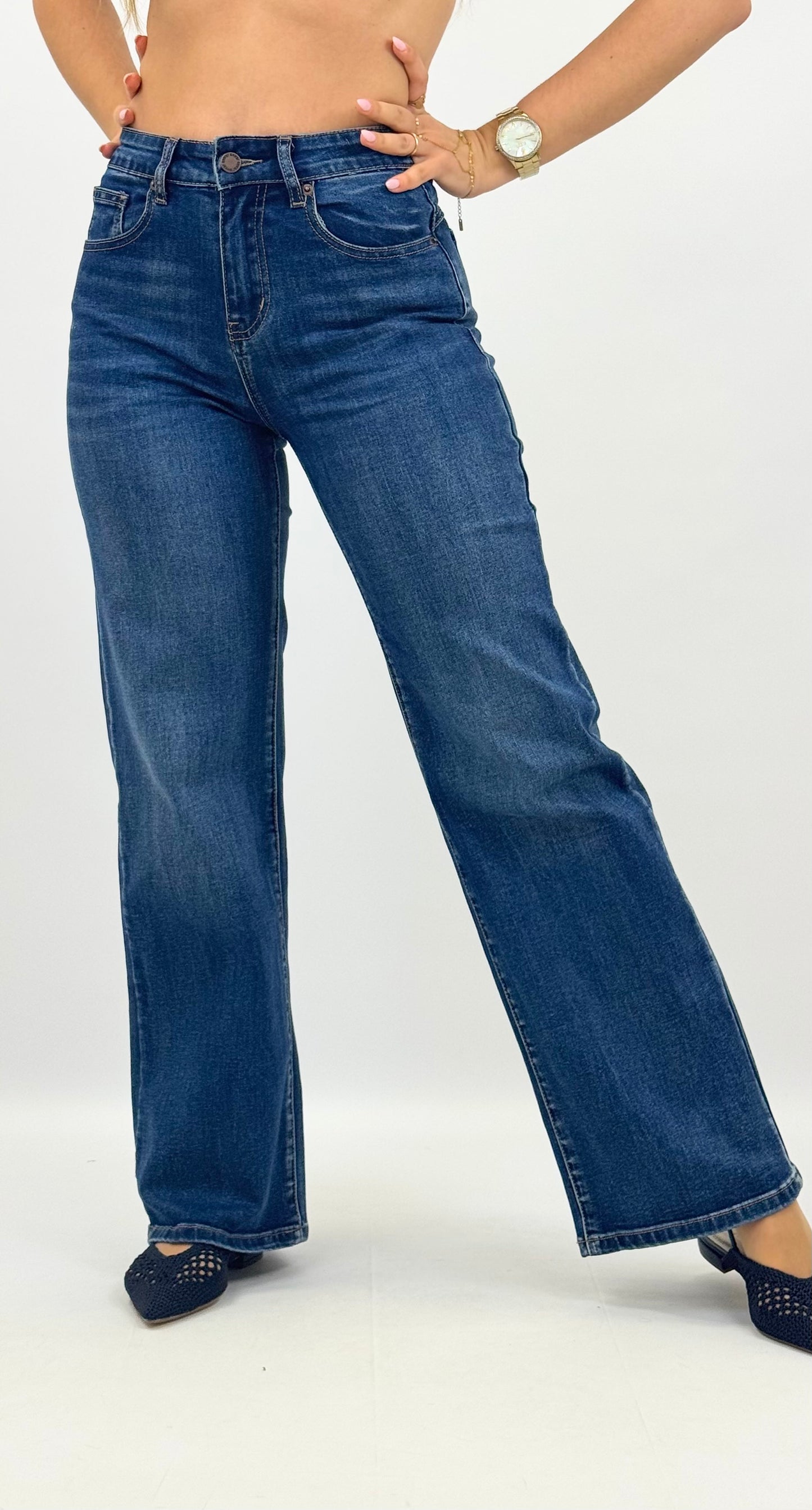 Calças wide-leg elásticas ganga azul-escura