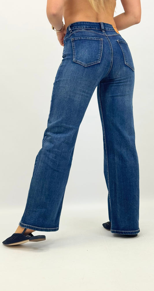 Calças wide-leg elásticas ganga azul-escura