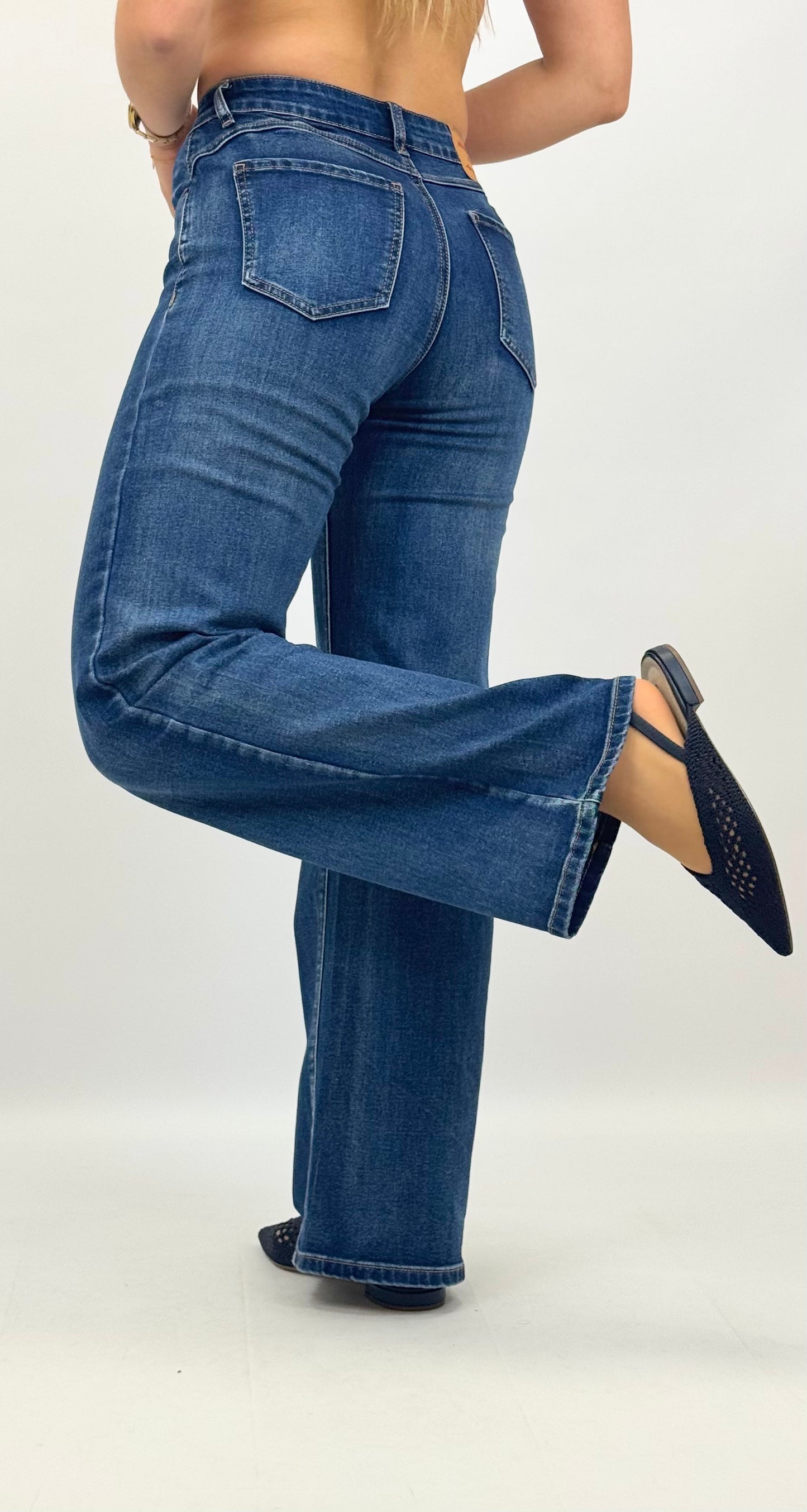 Calças wide-leg elásticas ganga azul-escura