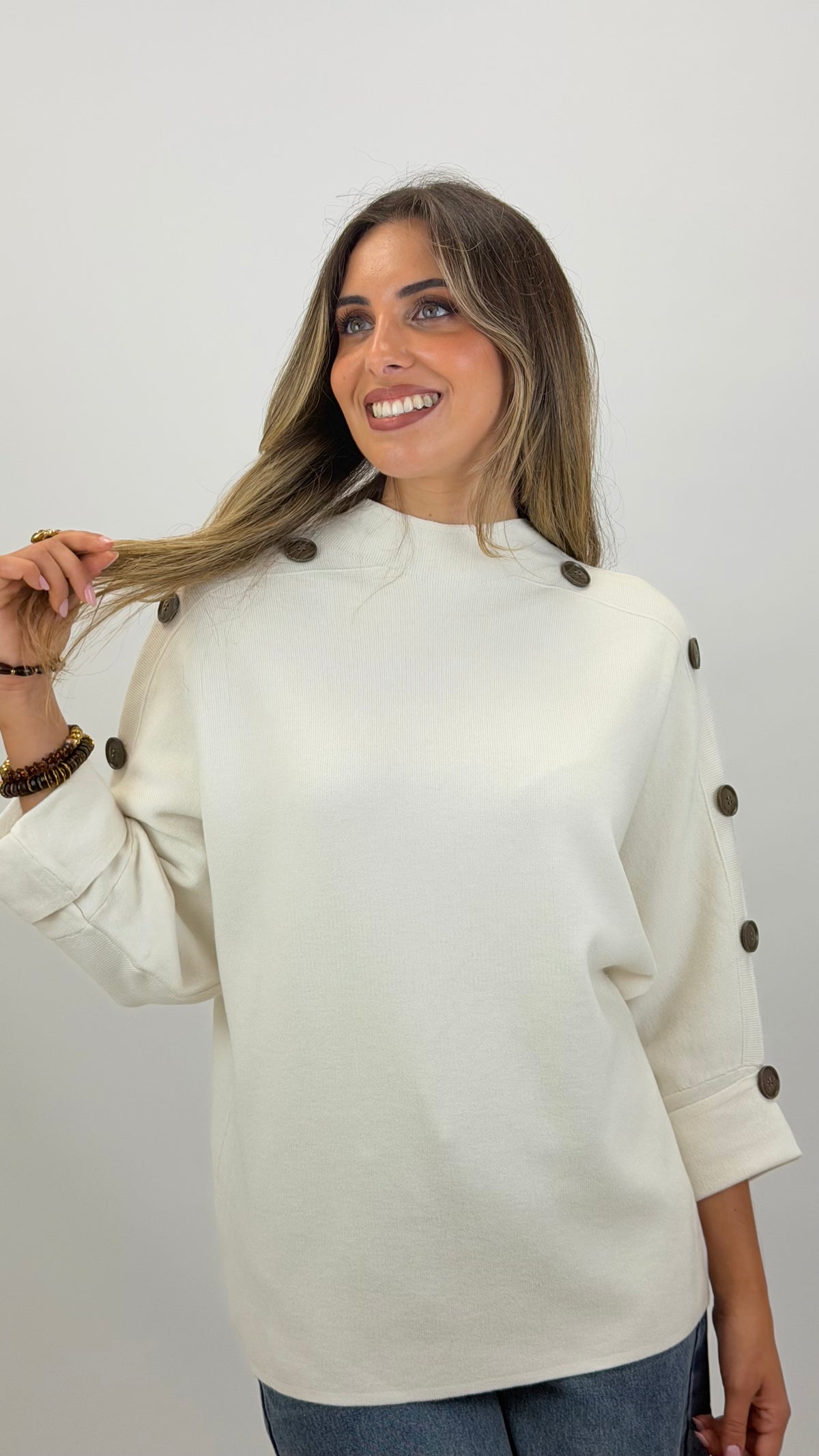 Camisola malha manga 3/4 com botões pérola
