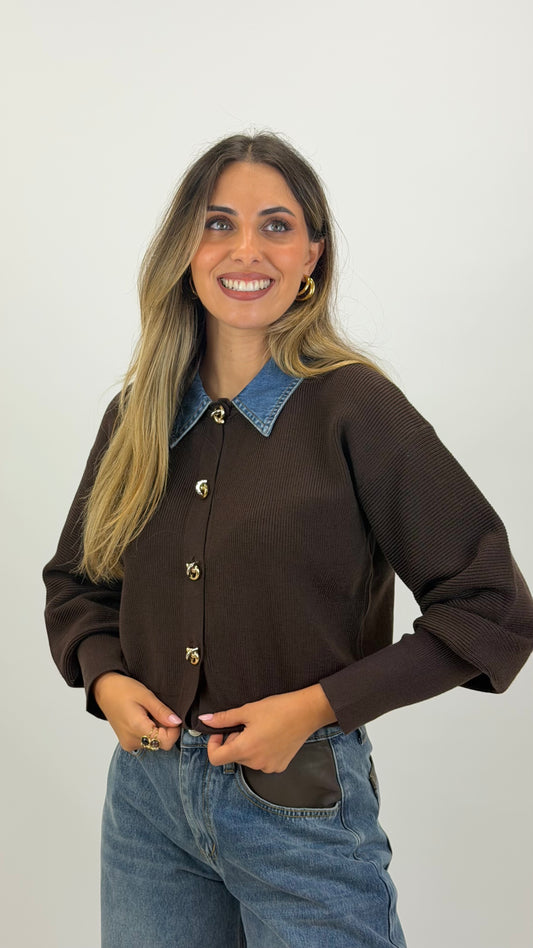 Camisola/casaco malha castanha com detalhes ganga