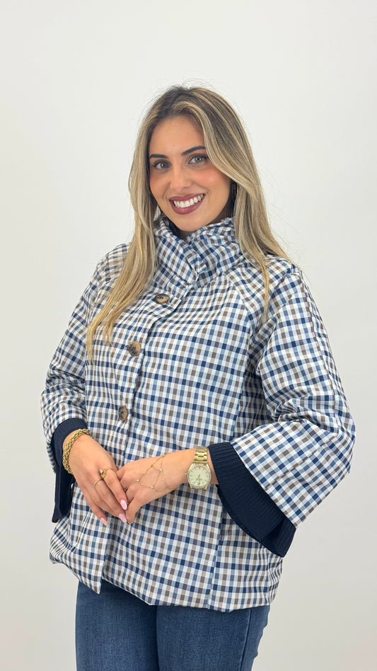 Parka manga 3/4 com botões padrão vichy azul e camel
