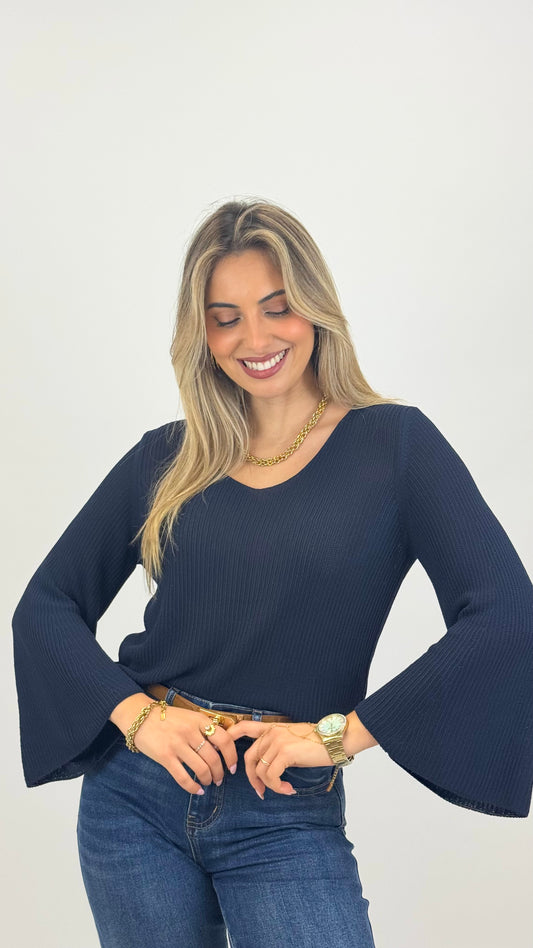 Camisola malha canelada azul-marinho