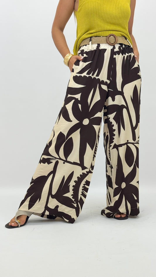 Pantalona estampado abstrato castanho e pérola