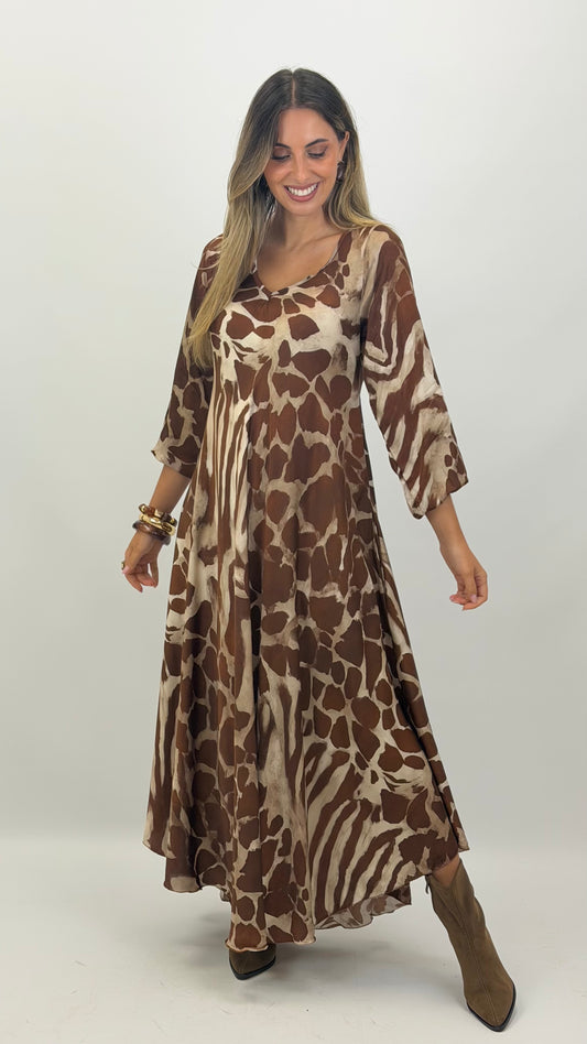 Vestido animal-print tons camel/telha e bege