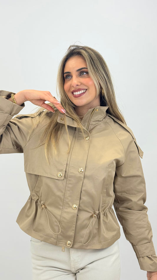 Parka camel de meia-estação com cintura ajustável