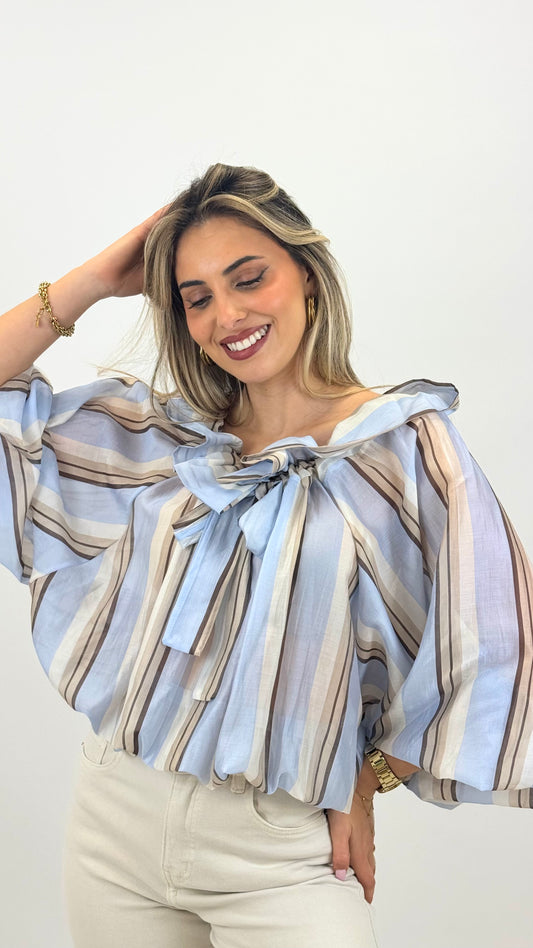 Blusa decote ajustável riscas azul-bebé e bege