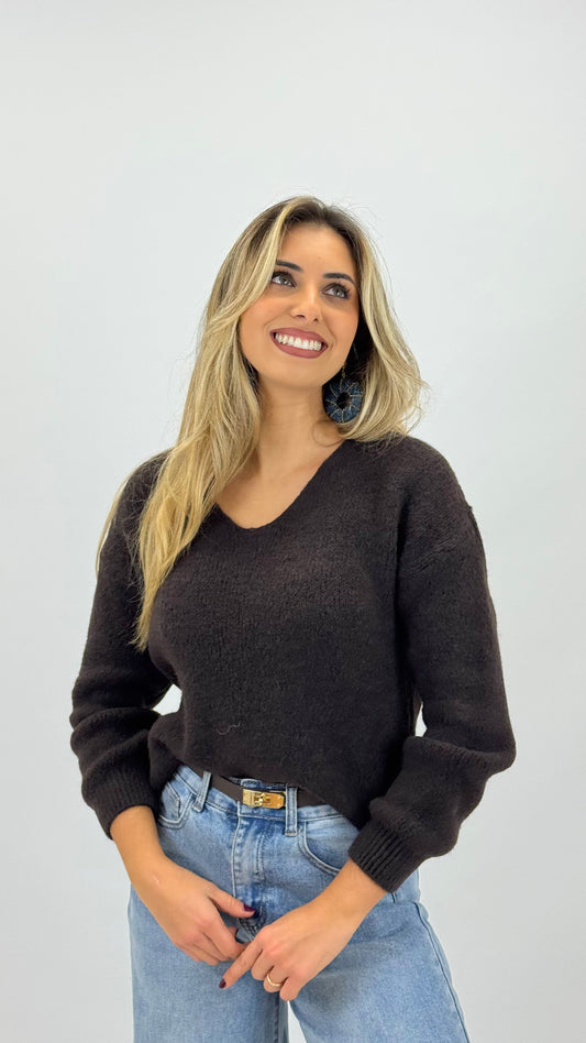 Camisola malha fofa castanho-chocolate