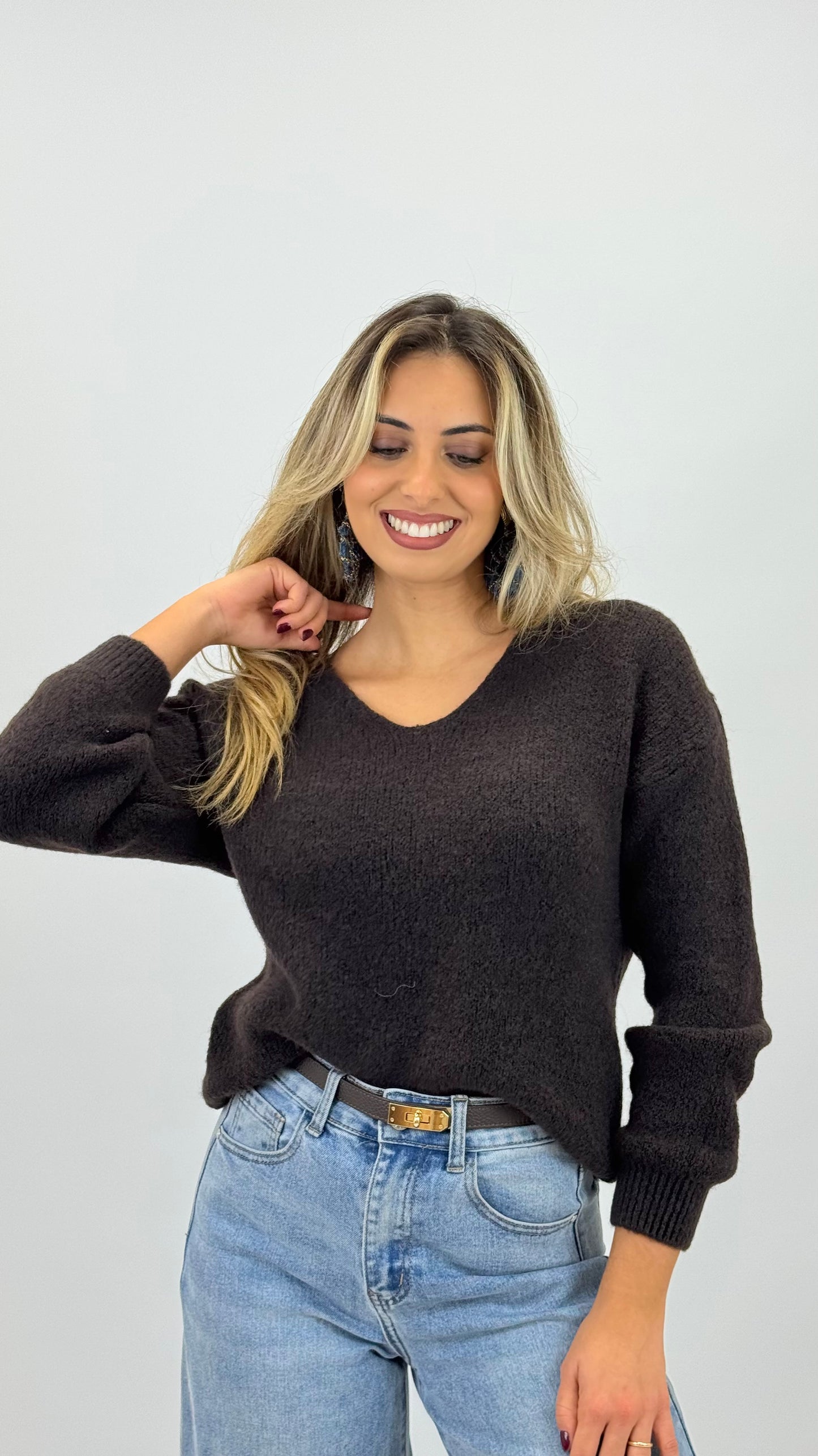 Camisola malha fofa castanho-chocolate