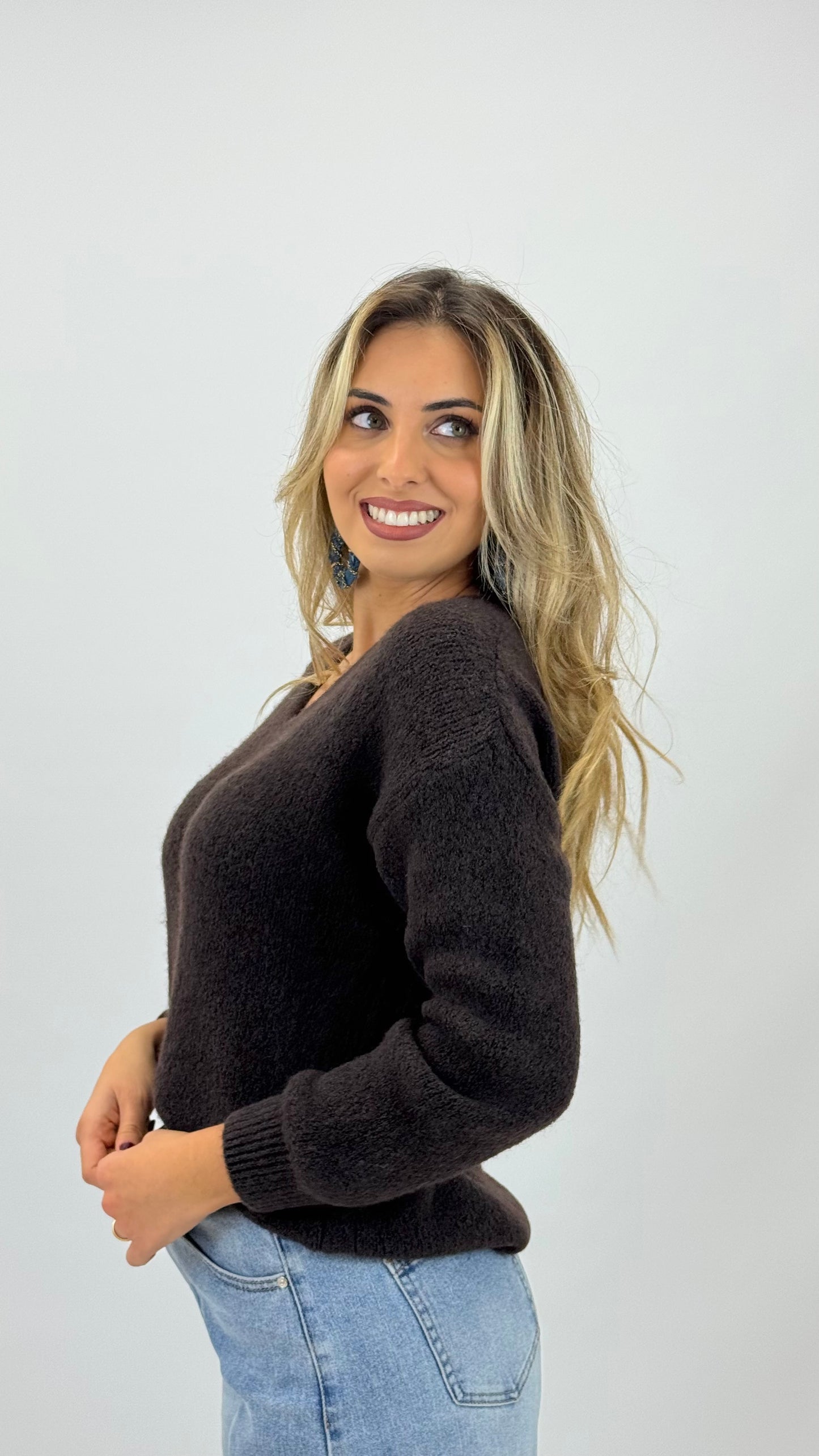 Camisola malha fofa castanho-chocolate