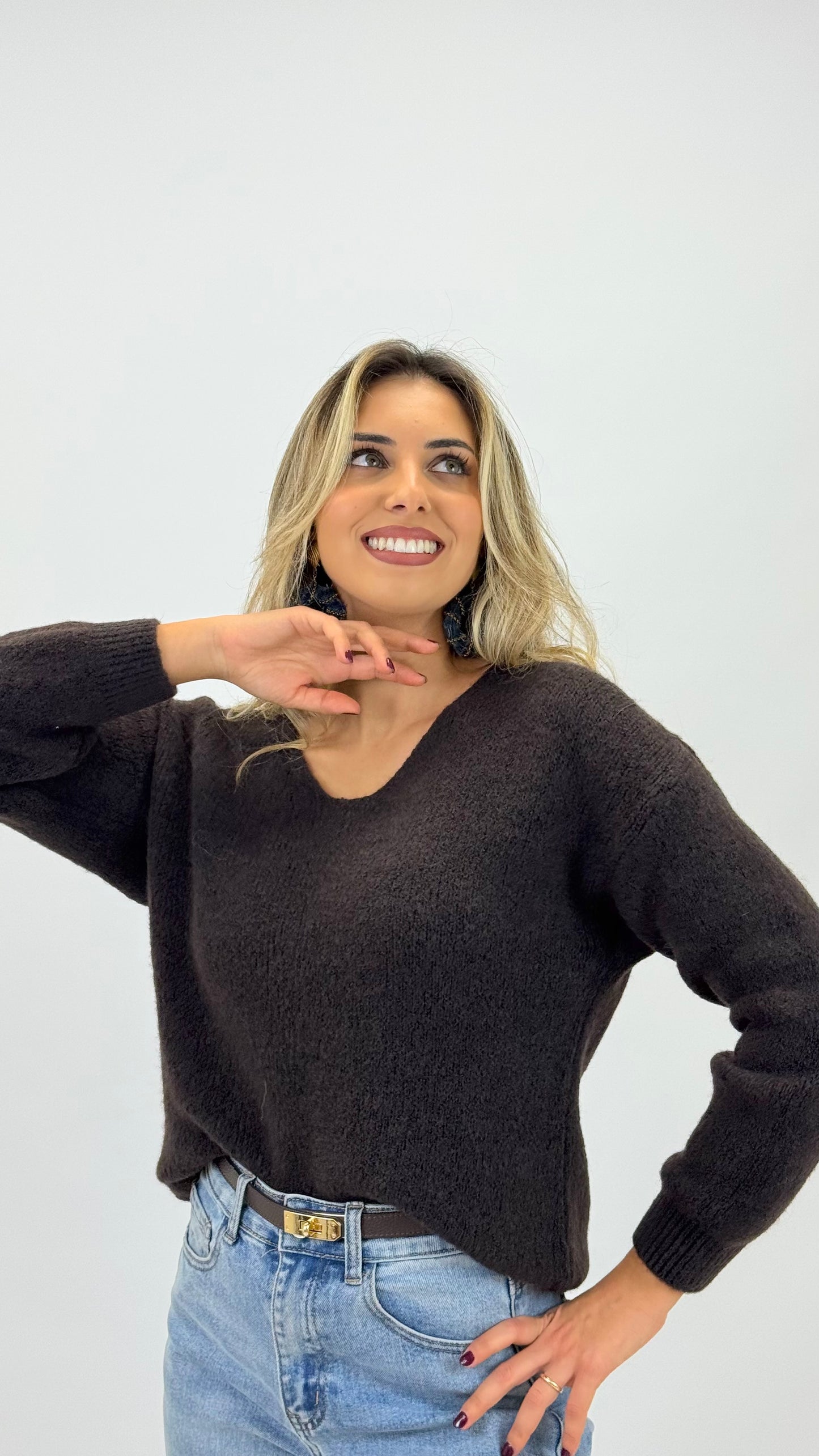 Camisola malha fofa castanho-chocolate