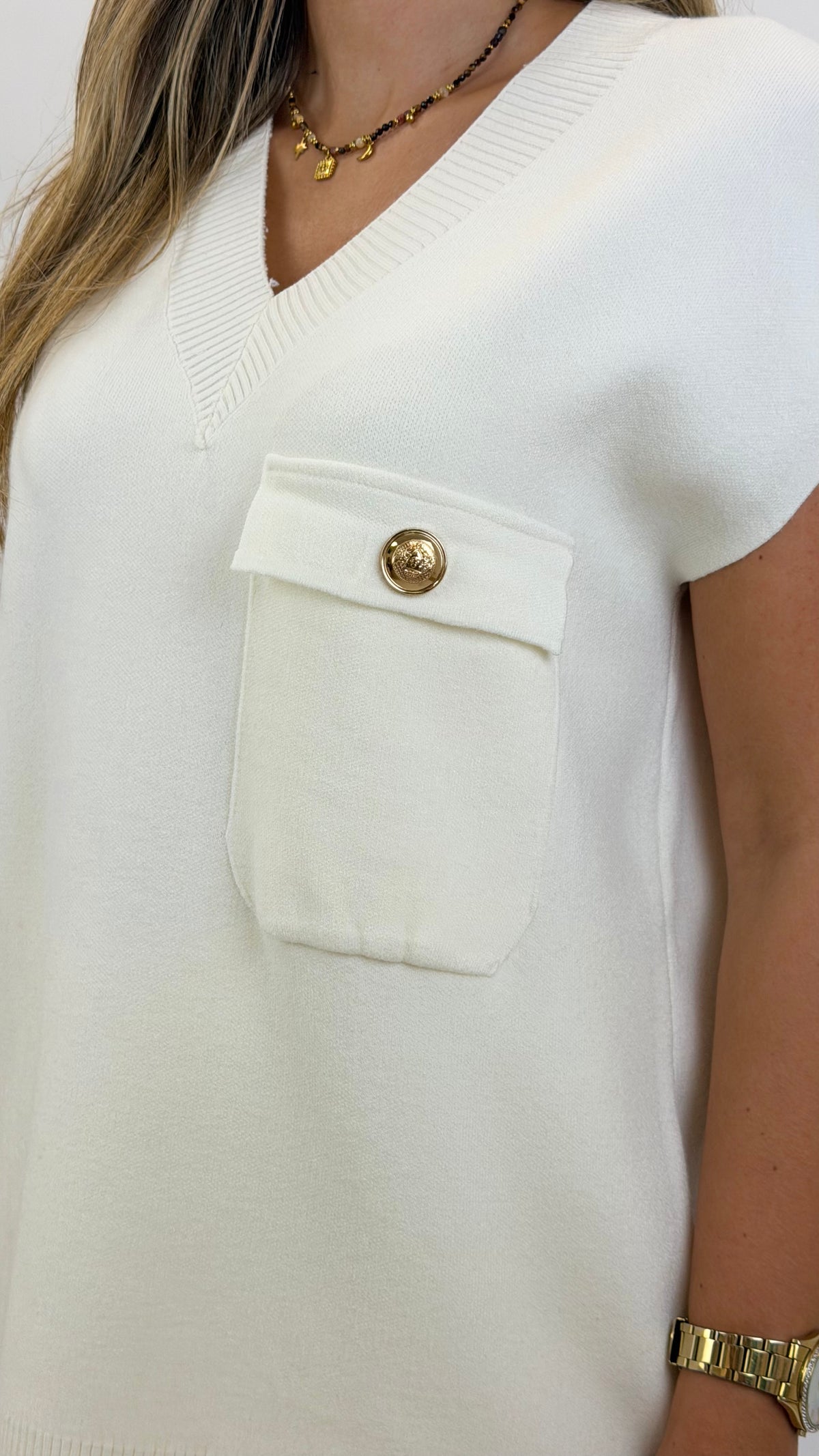 Conjunto camisola/colete e calça malha pérola