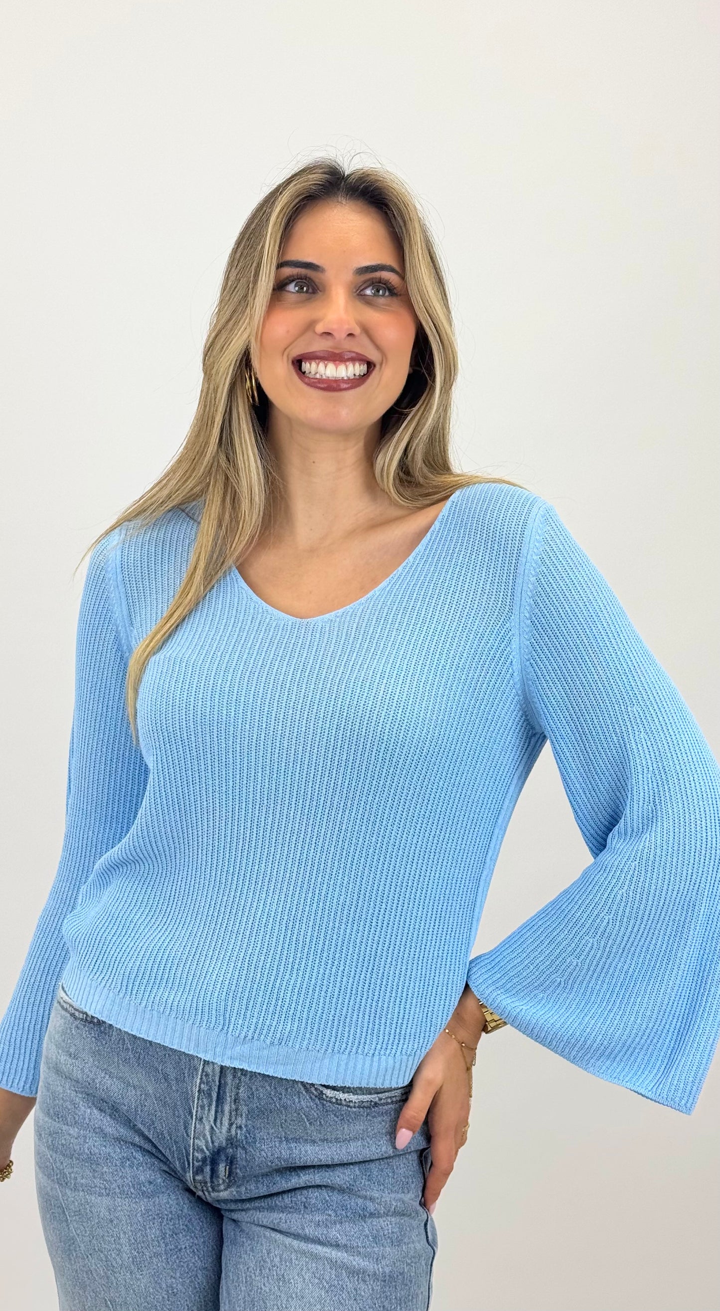 Camisola malha canelada azul-bebé