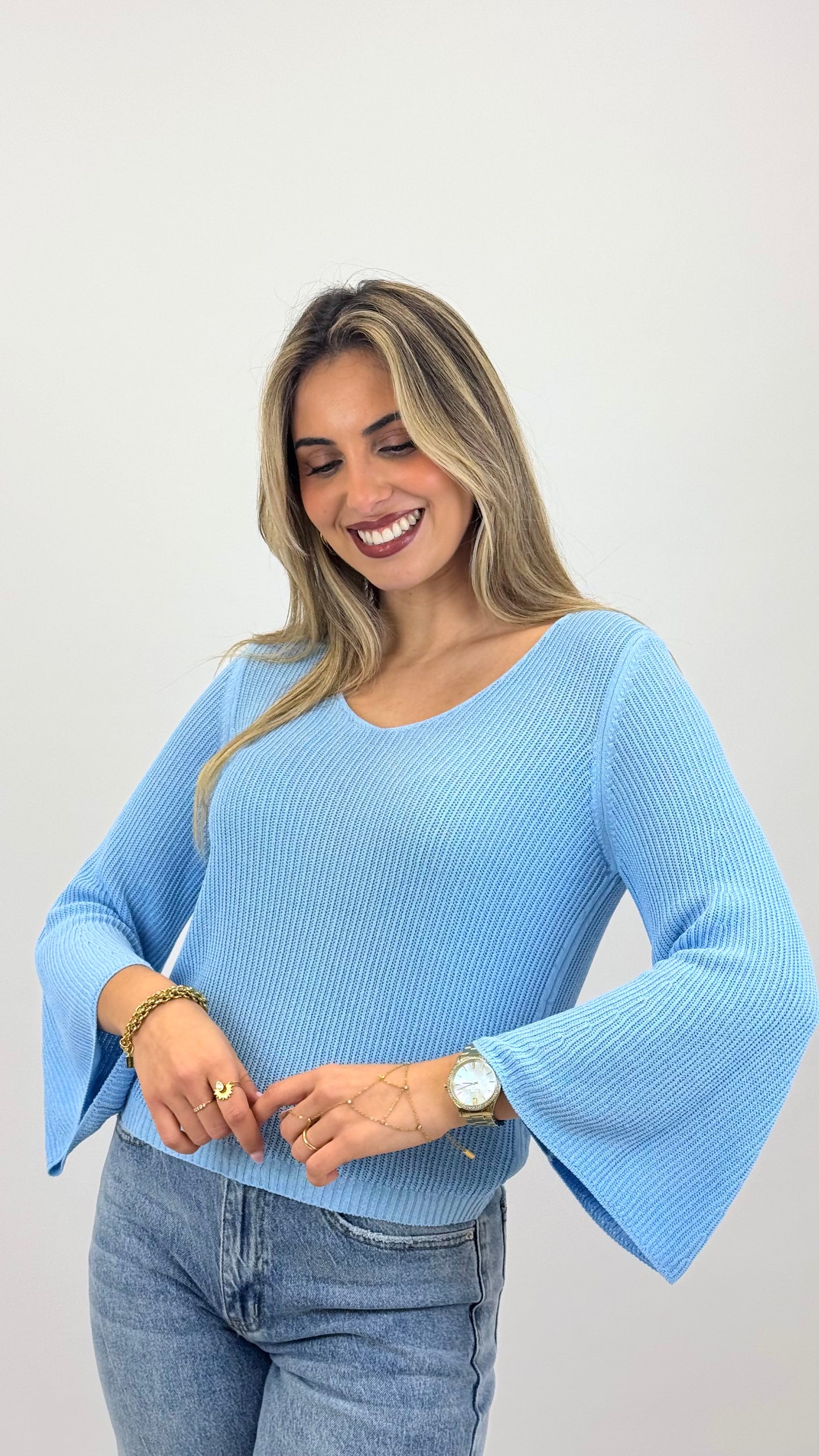 Camisola malha canelada azul-bebé