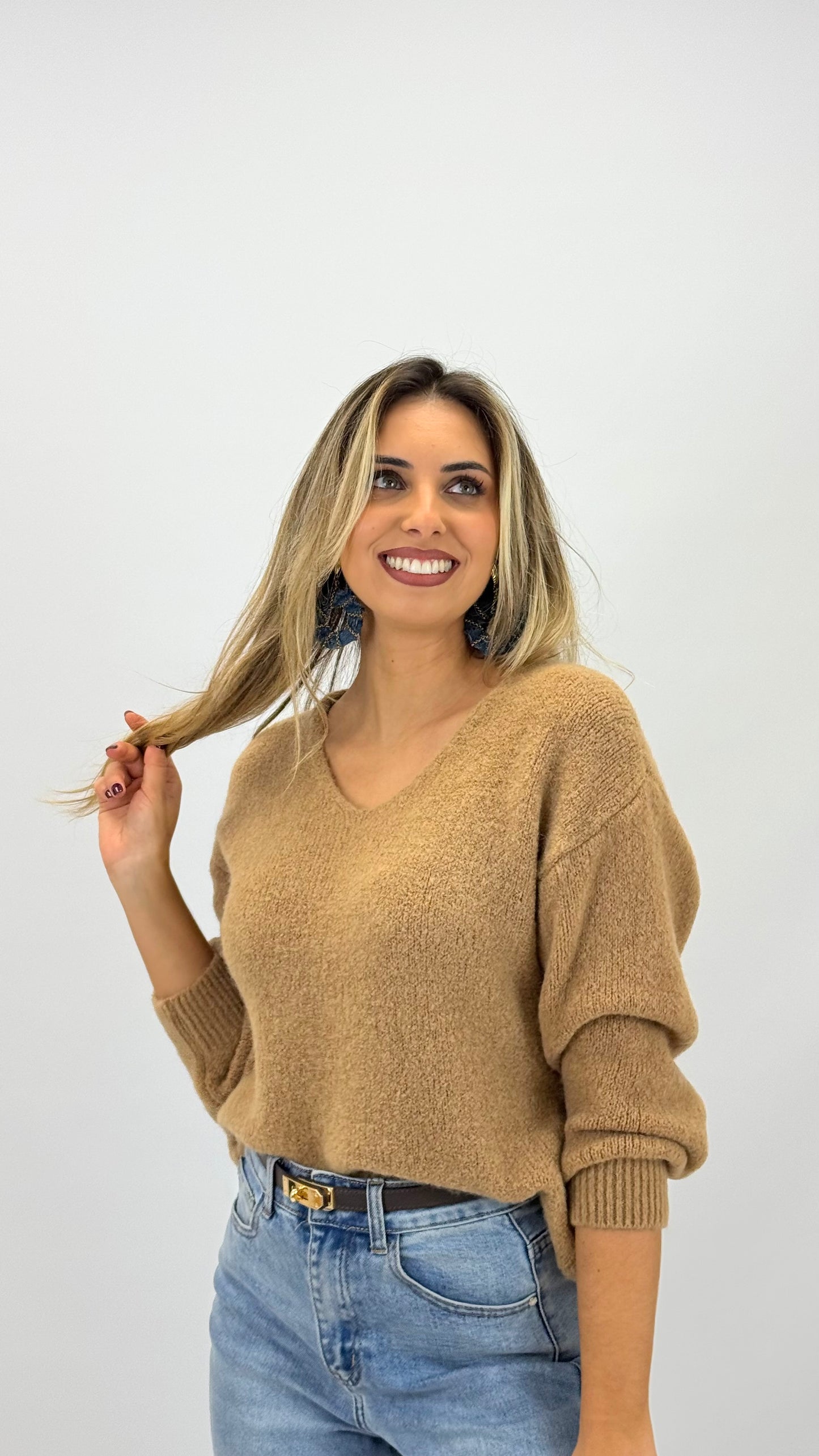 Camisola malha fofa camel