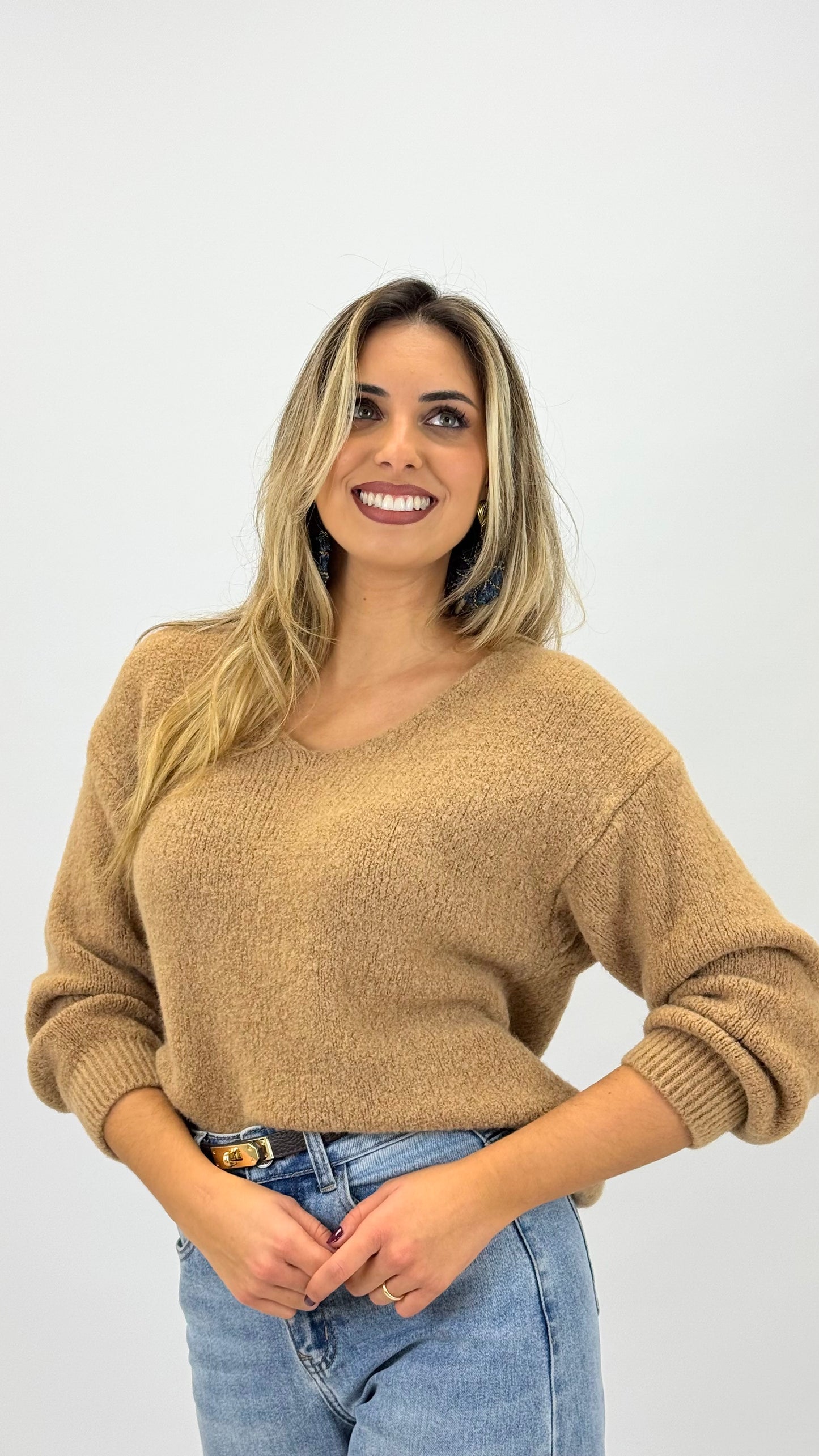 Camisola malha fofa camel