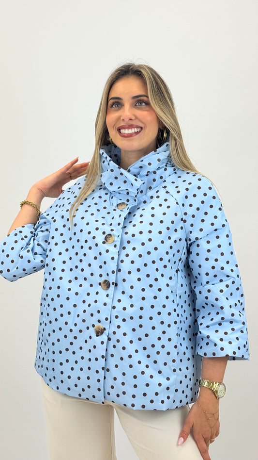 Parka manga 3/4 com botões azul-bebé com pintas castanhas