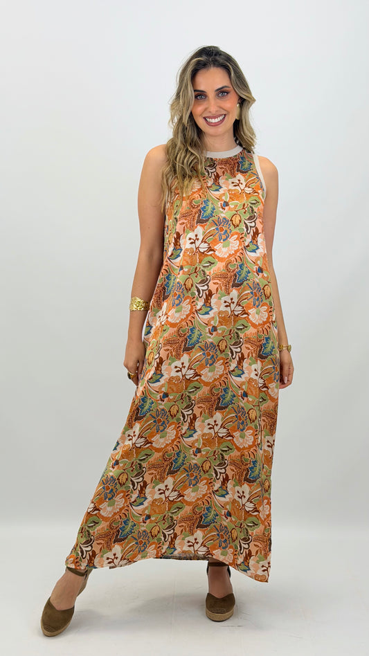 Vestido cavado midi estampado tons laranja