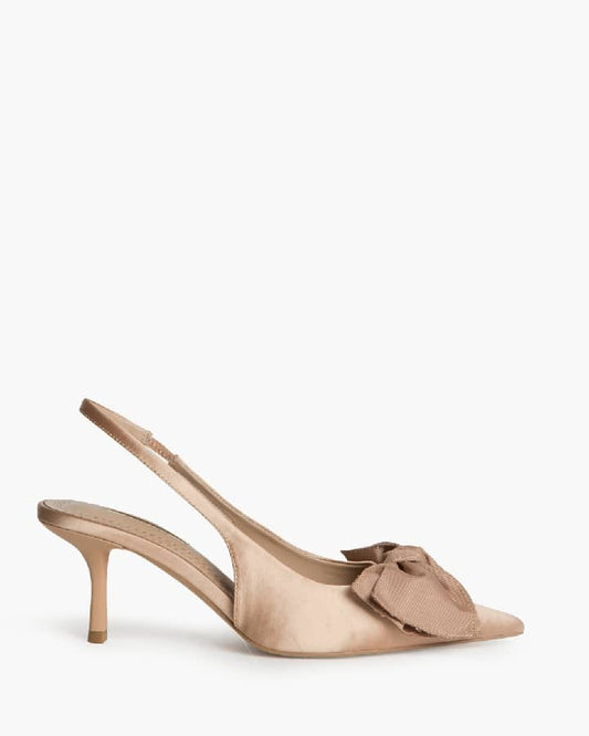 Sapato tacão stilleto cetim laço bege/dourado