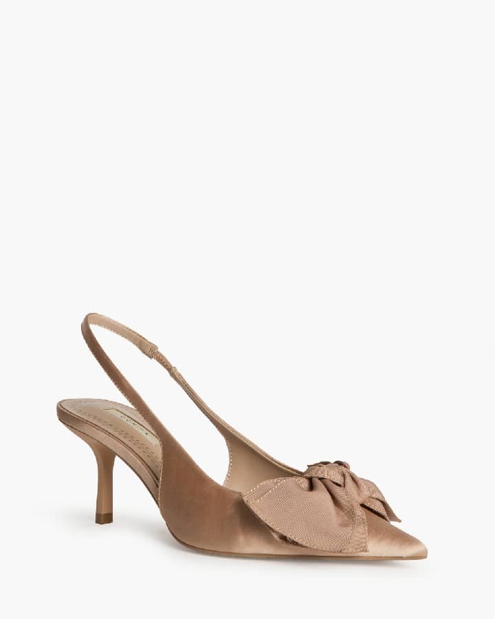 Sapato tacão stilleto cetim laço bege/dourado