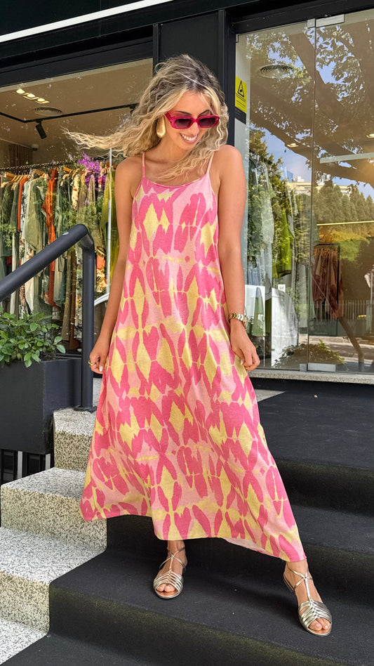 Vestido alças estampado abstrato com brilho tons rosa e amarelo