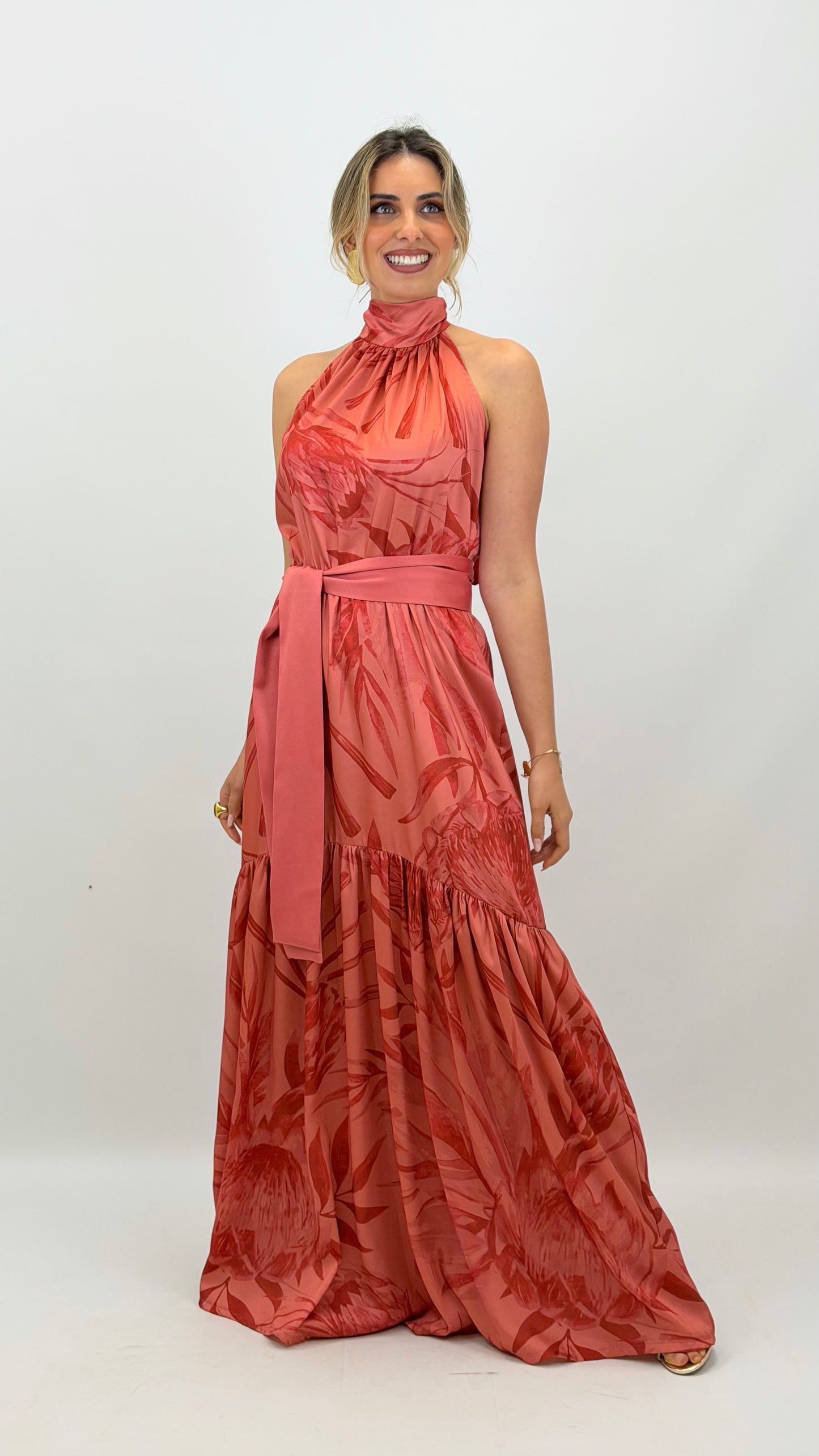 Vestido cerimónia comprido tons telha rosado