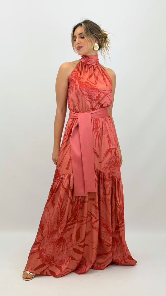 Vestido cerimónia comprido tons telha rosado