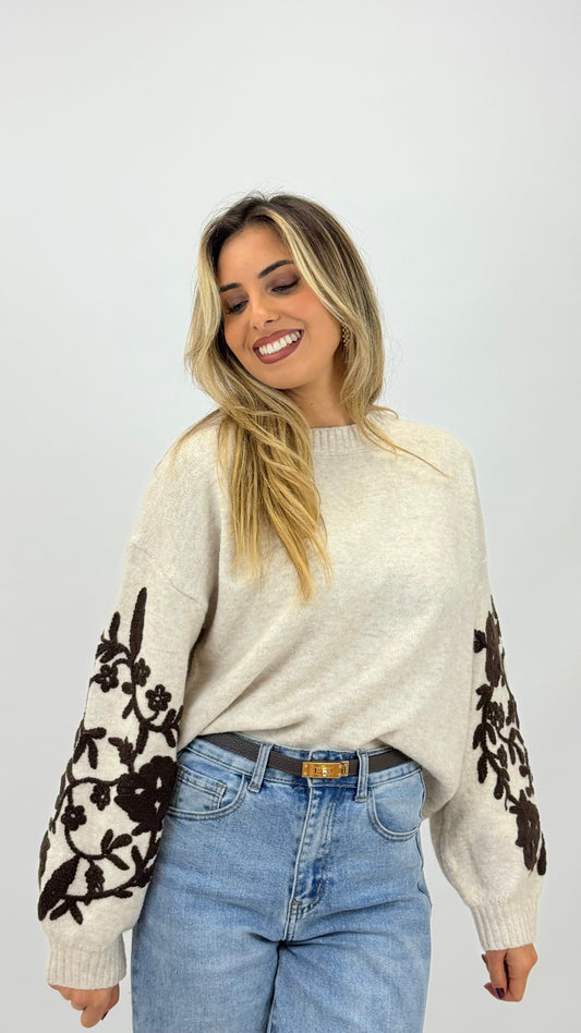 Camisola malha bege com bordado floral castanho