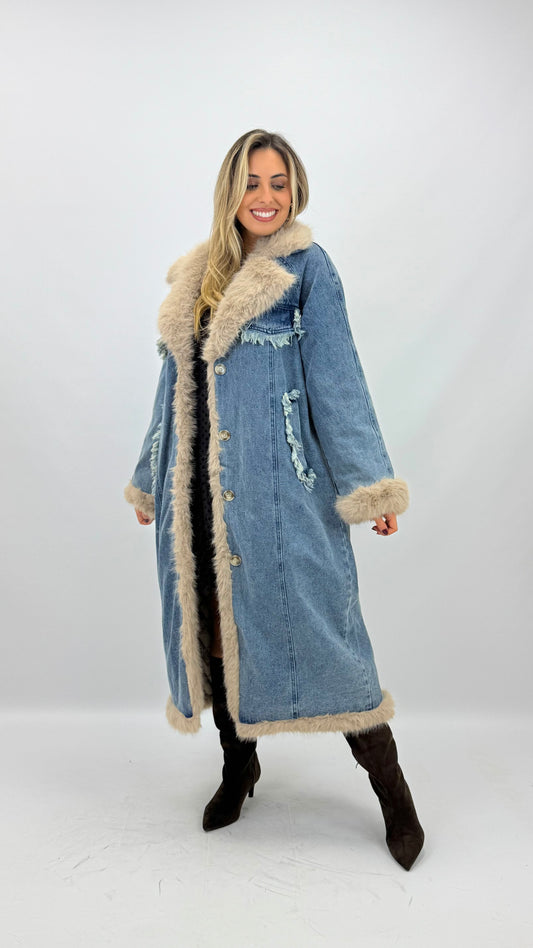 Casaco comprido ganga com pêlo bege