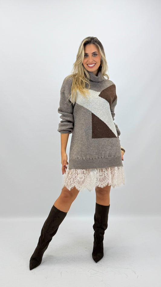 Vestido/camisolão malha tons taupe e castanho com renda