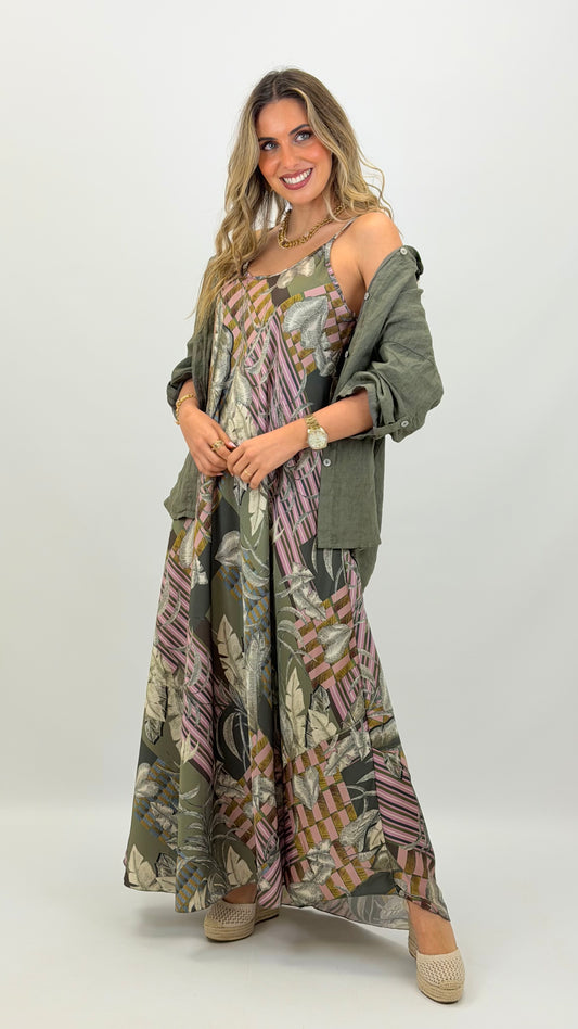 Vestido alças fundo verde estampado floral