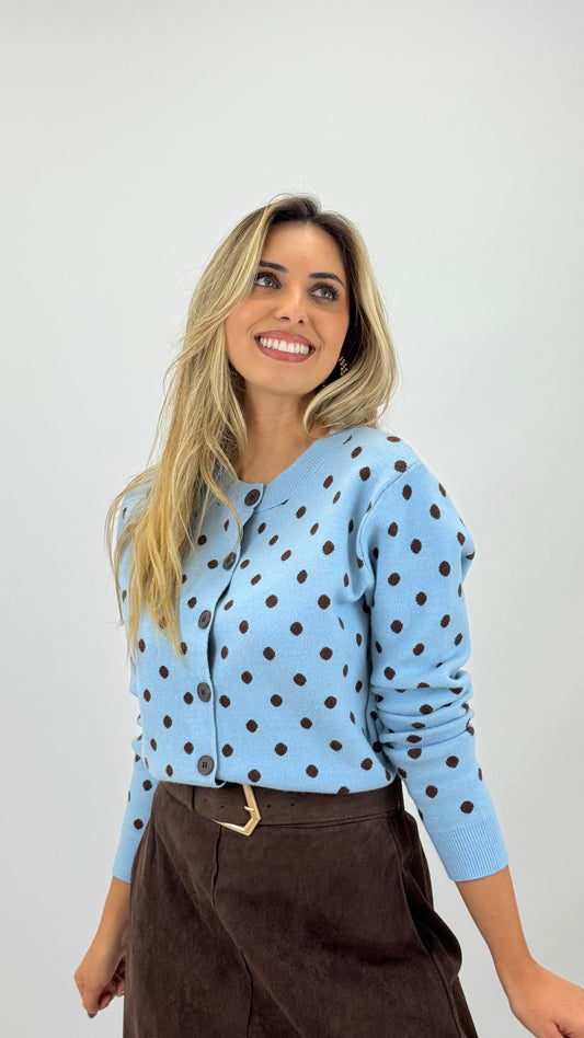 Casaco/camisola malha azul-bebe com pintas castanho
