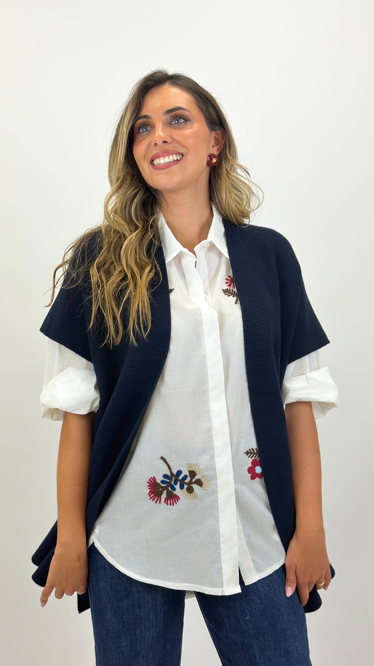 Capa/poncho malha azul-marinho
