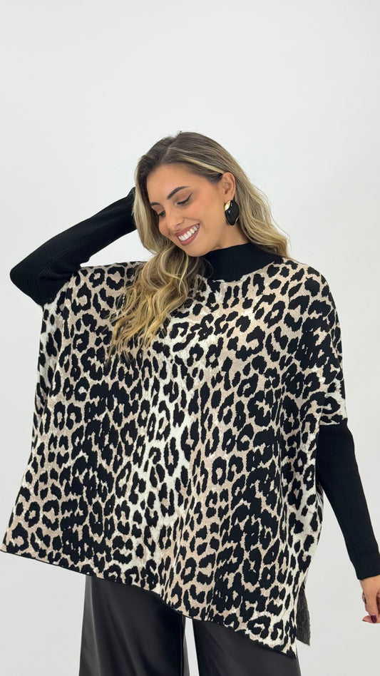 Camisola/poncho animal-print com detalhes preto