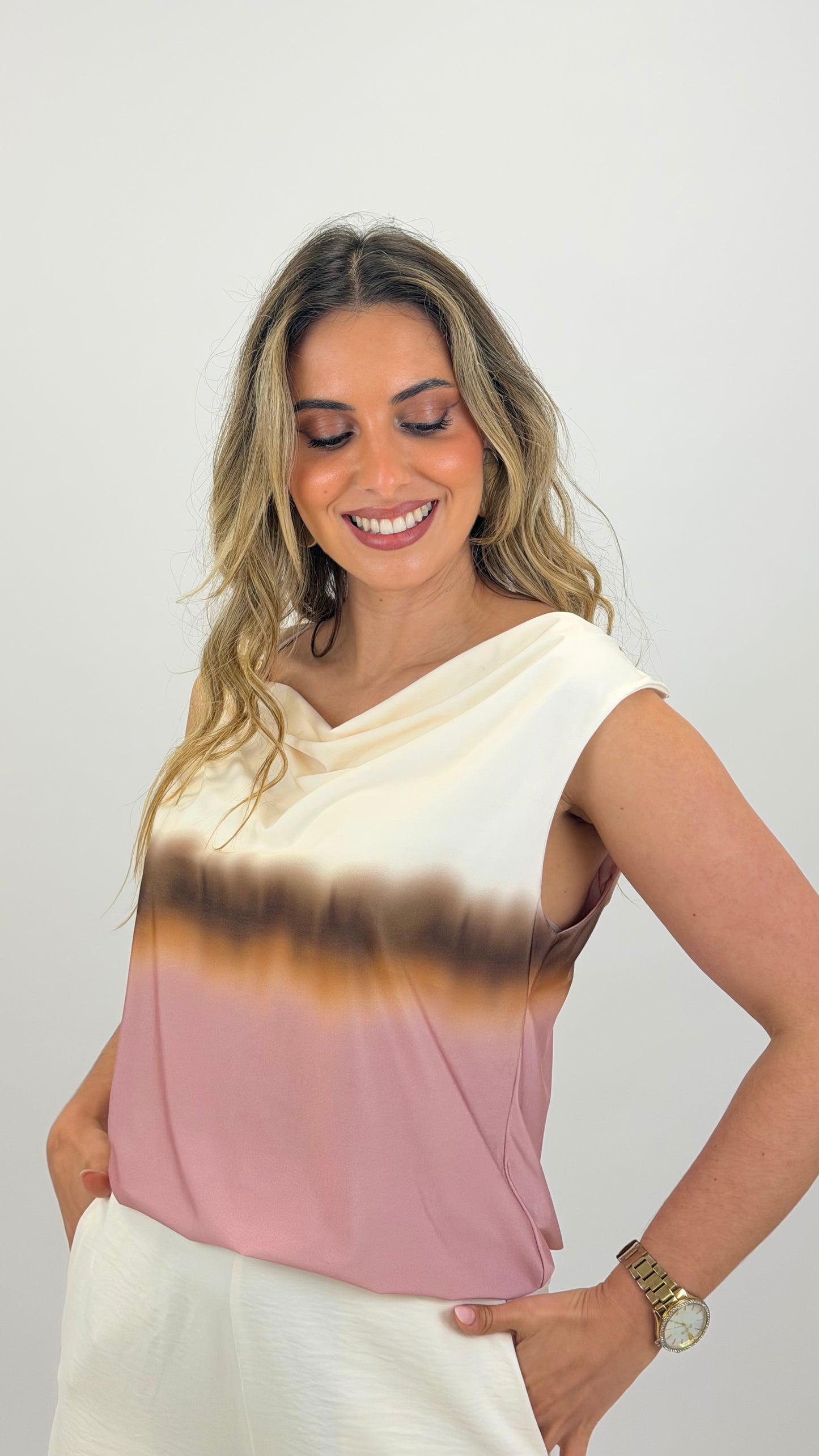 Top malha fria em degradé tons rosa