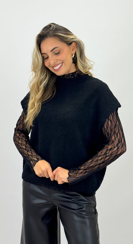 Camisola/colete com manga renda preto