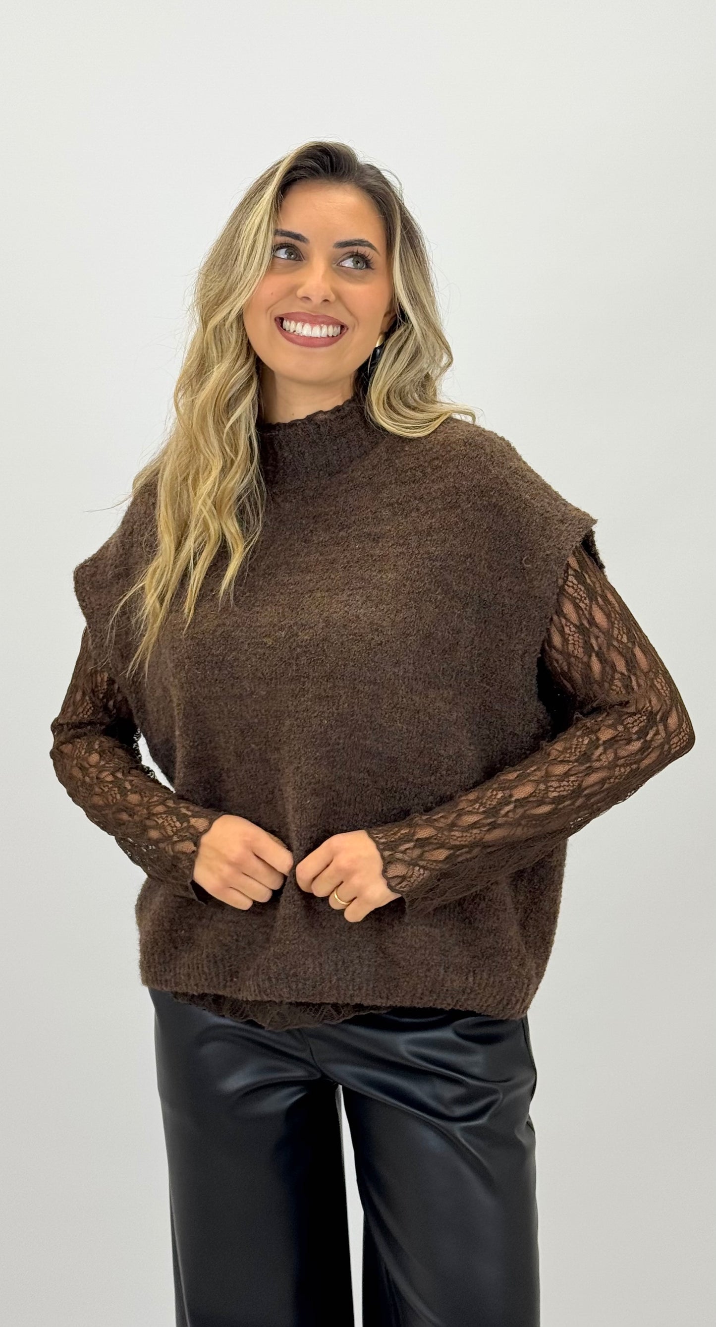 Camisola/colete com manga renda castanho
