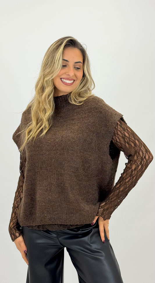 Camisola/colete com manga renda castanho