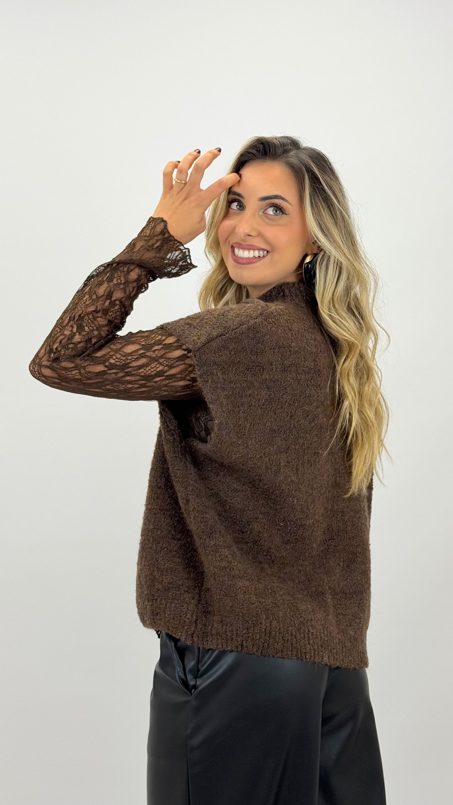 Camisola/colete com manga renda castanho