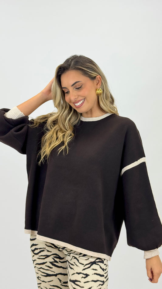 Camisola malha castanho com rebordo creme