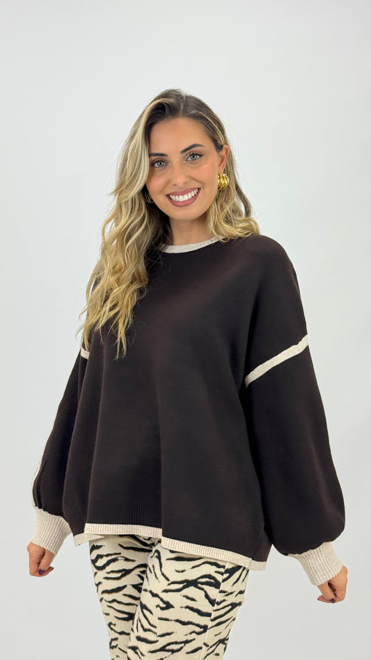 Camisola malha castanho com rebordo creme