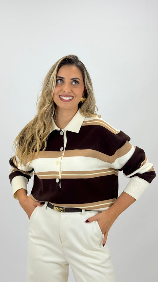 Polo malha creme com risca camel e castanho