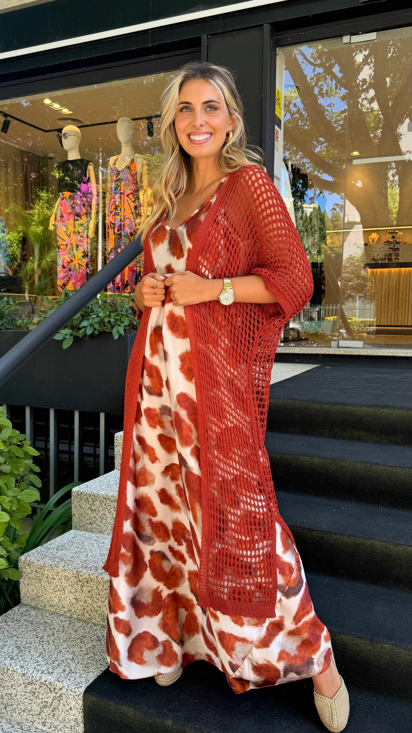 Kimono malha perfurada telha