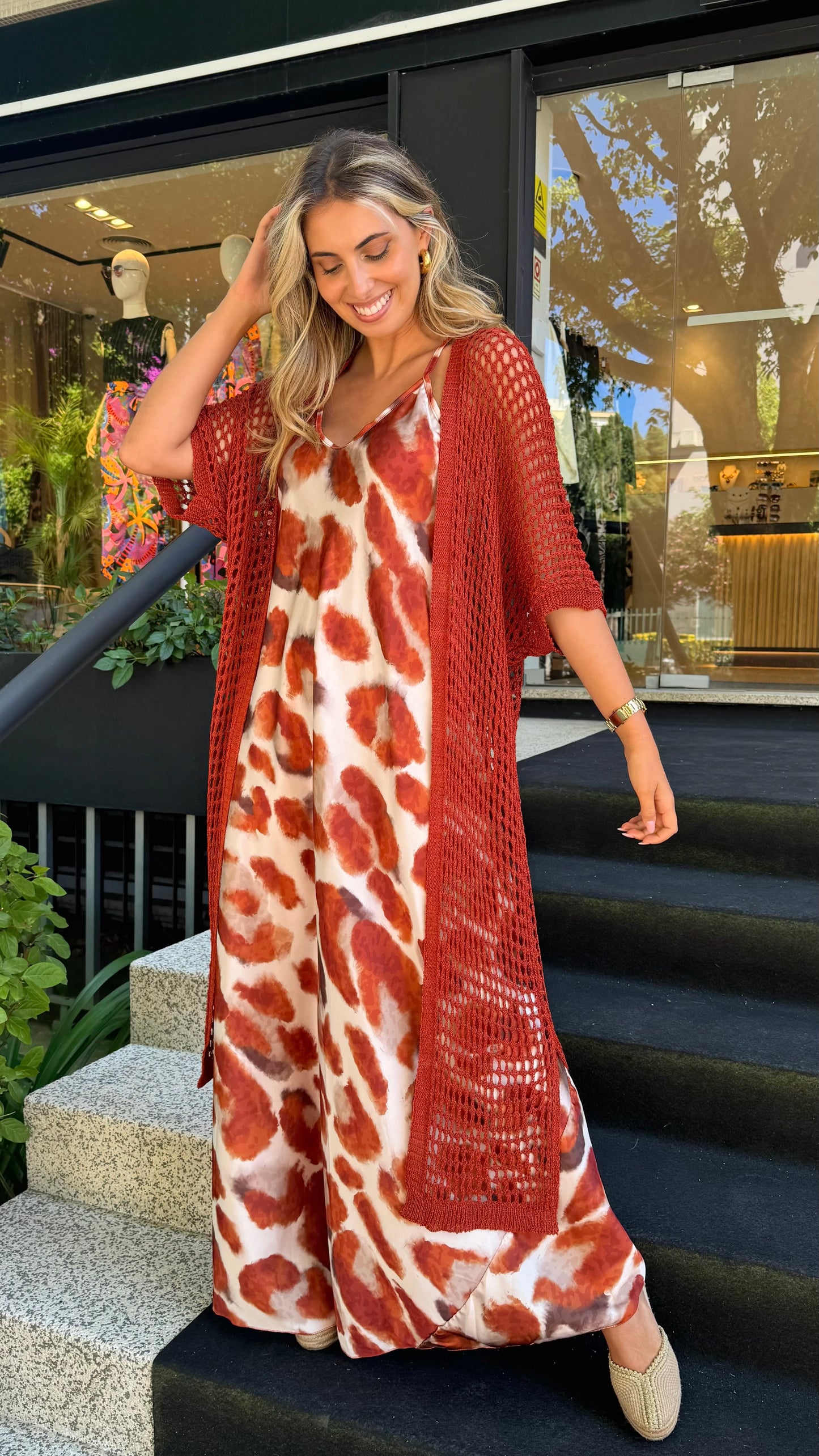 Kimono malha perfurada telha