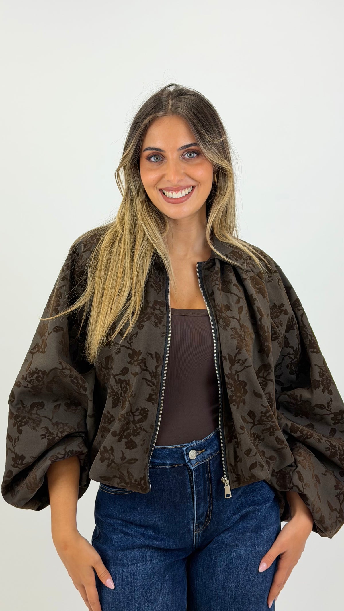 Bomber meia-estação brocado floral castanho